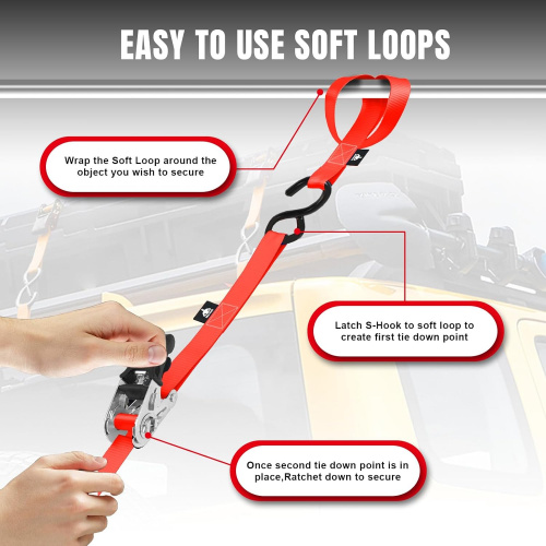 Набор стяжных ремней с храповым механизмом, S-крюками и защитными петлями (Soft Loops) 4 шт., 680 кг заказать